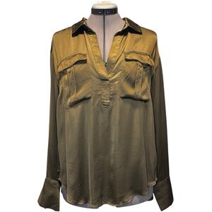 Anthropologie | Olive Split Back Satin Blouse | Size S